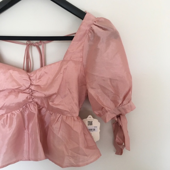 NWT Altar'd State Sz S Rose Pink Puff Sleeve Smock Back Crop Babydoll Top Boho - Picture 4 of 14